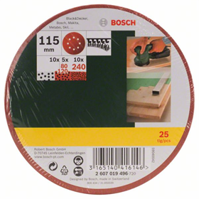 Schleifpapier für Exzenterschleifer, K80, 120, 240, 25 Stk. Bosch 2607019496
