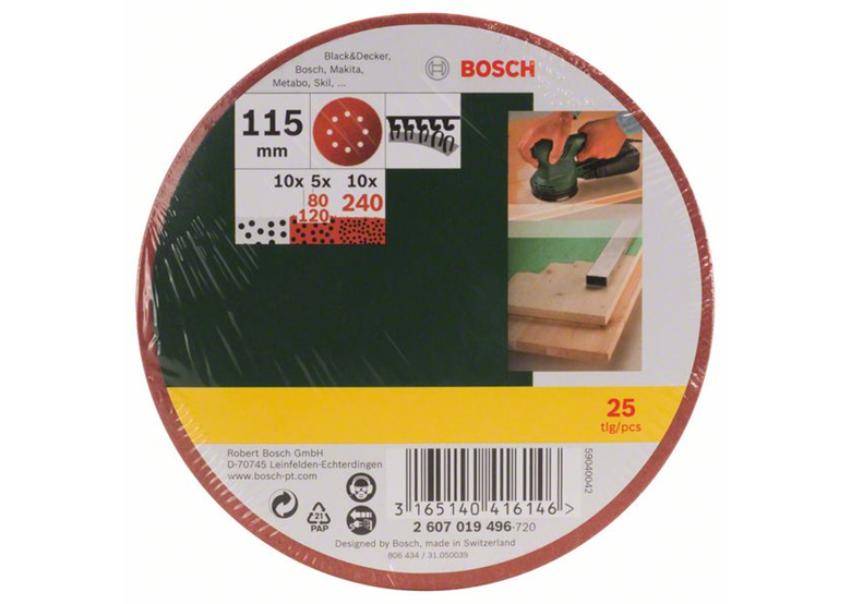 Schleifpapier für Exzenterschleifer, K80, 120, 240, 25 Stk. Bosch 2607019496